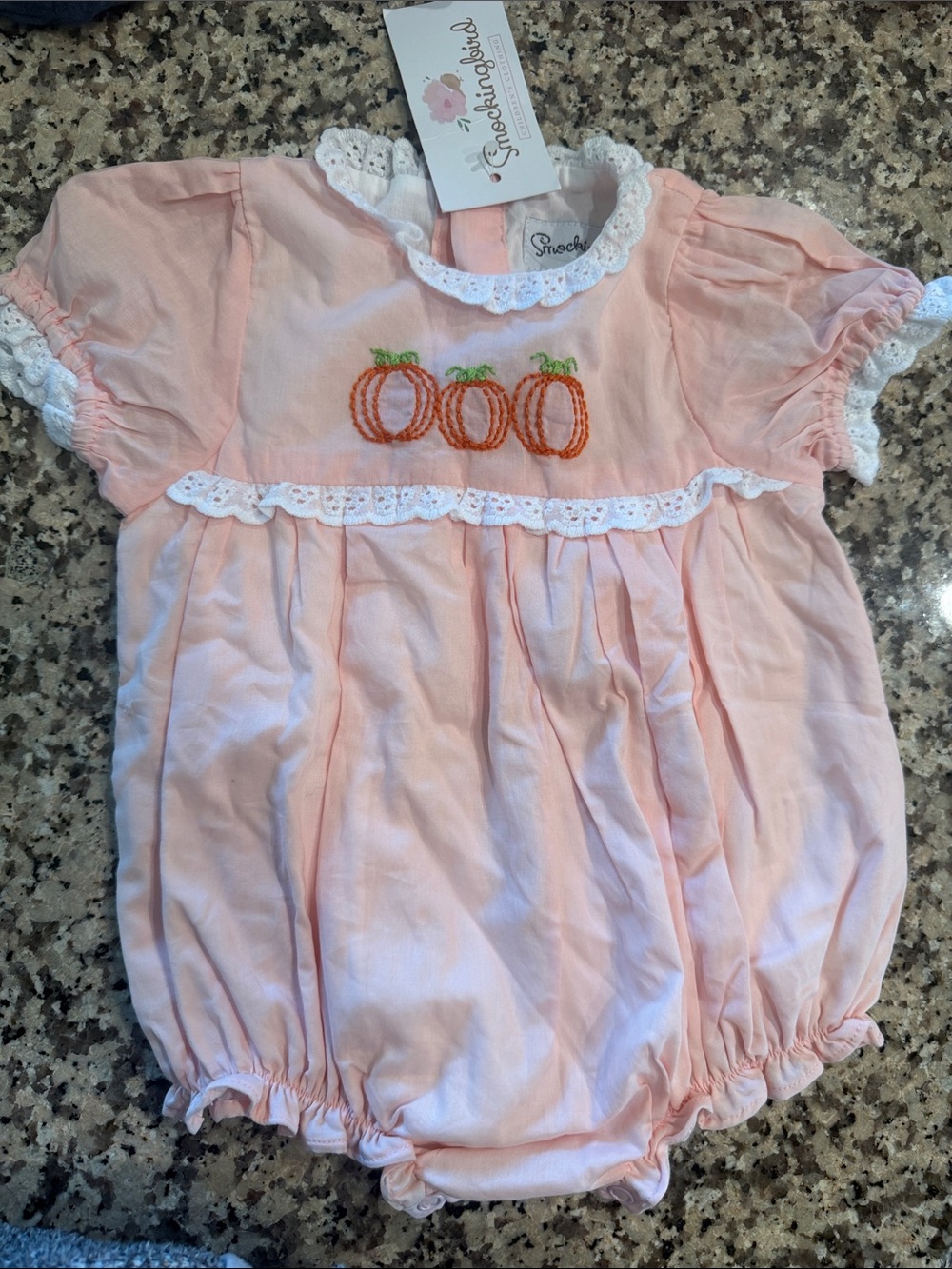 Smockingbird Peach Baby Pumpkin Bubble Romper NWT- 6M